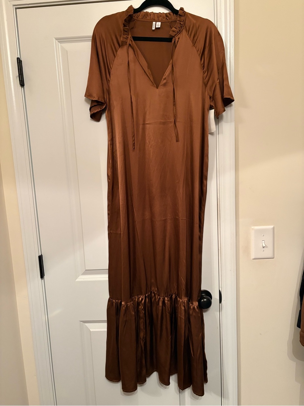 Nordstrom Brown Satin Ruffle-Hem Maxi Dress
